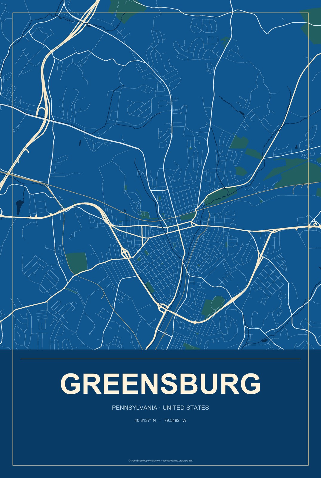 Greensburg, Pennsylvania City Map Aluminum Sign in Harbor Cobalt style