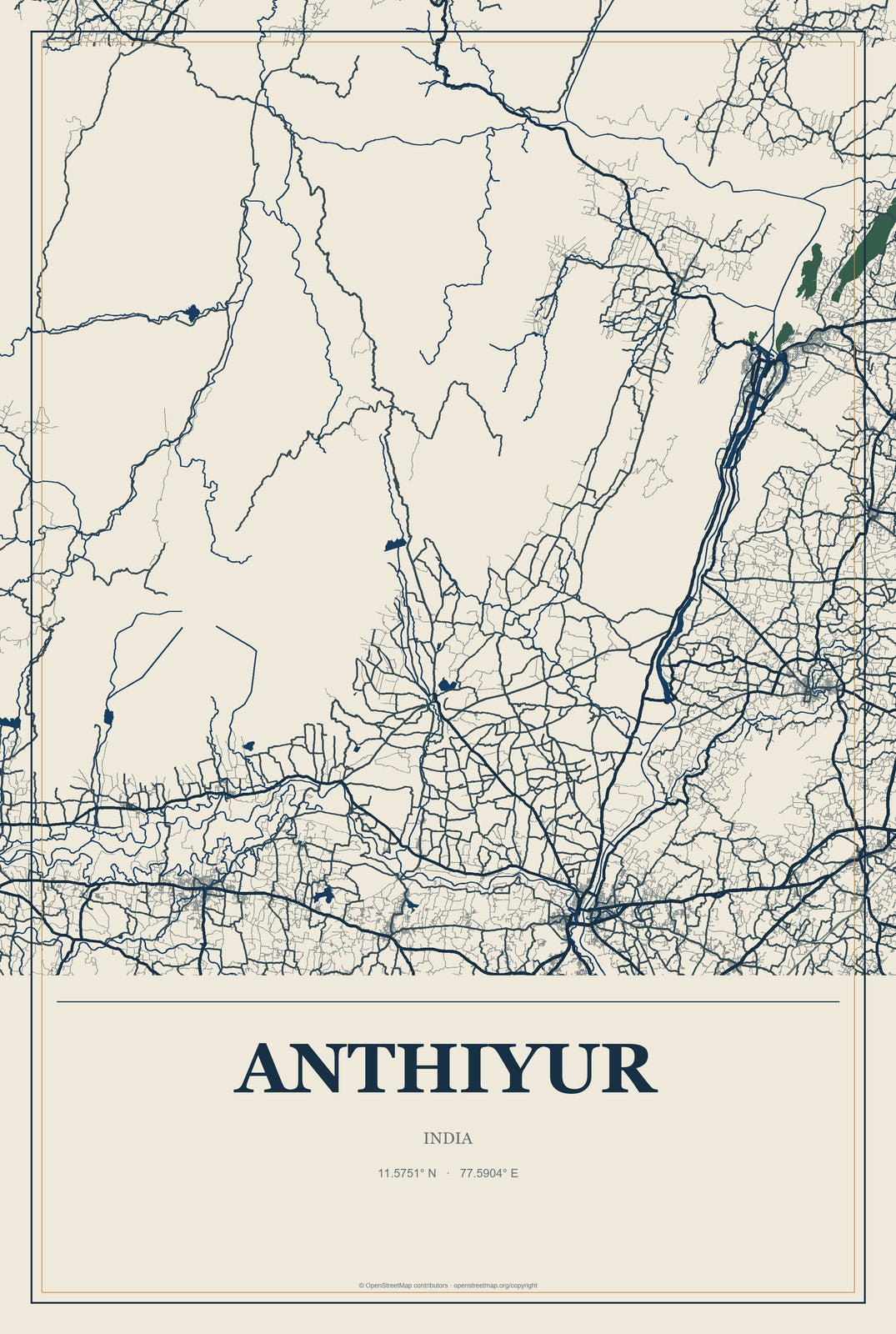 Anthiyur, India City Map Aluminum Sign in Coastal Cutout style