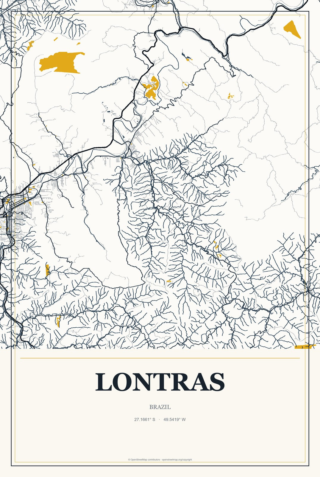 Lontras, Brazil City Map Aluminum Sign in Citrine Modern style