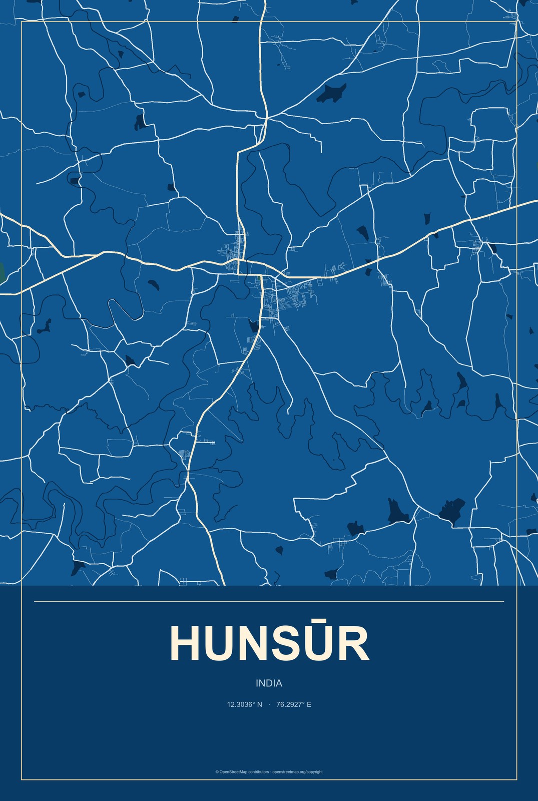 Hunsūr, India City Map Aluminum Sign in Harbor Cobalt style