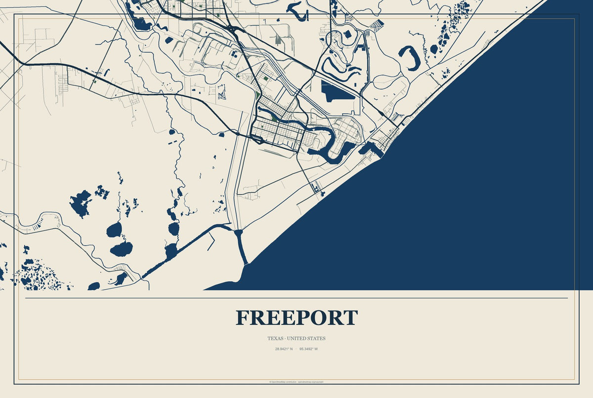 Freeport, Texas City Map Aluminum Sign in Coastal Cutout style