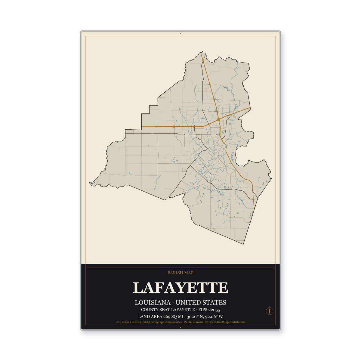 Lafayette Parish, Louisiana Map Aluminum Sign in Museum Plaque style