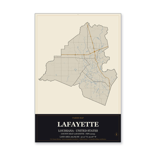 Lafayette Parish, Louisiana Map Aluminum Sign in Museum Plaque style