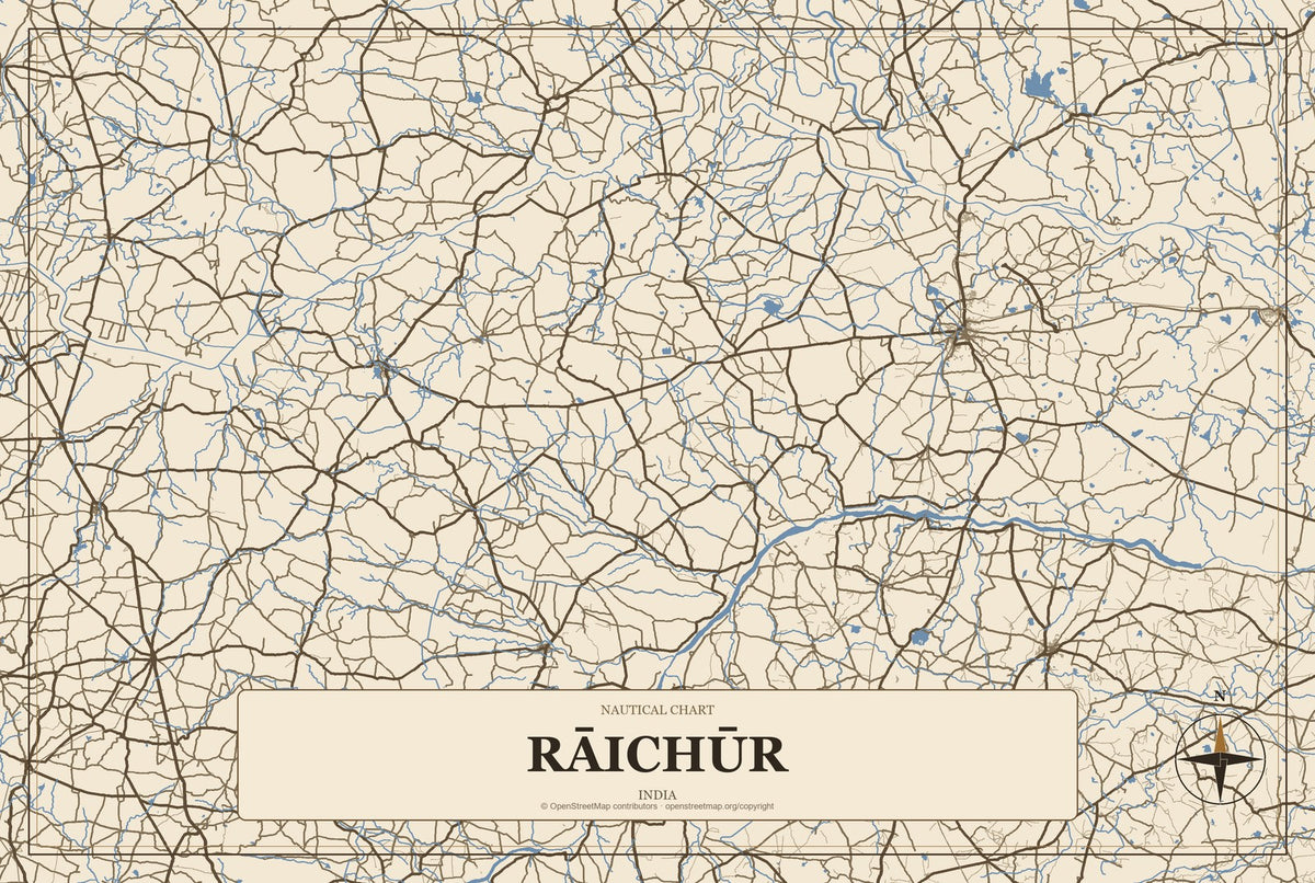 Rāichūr, India City Map Aluminum Sign in Heritage Nautical style