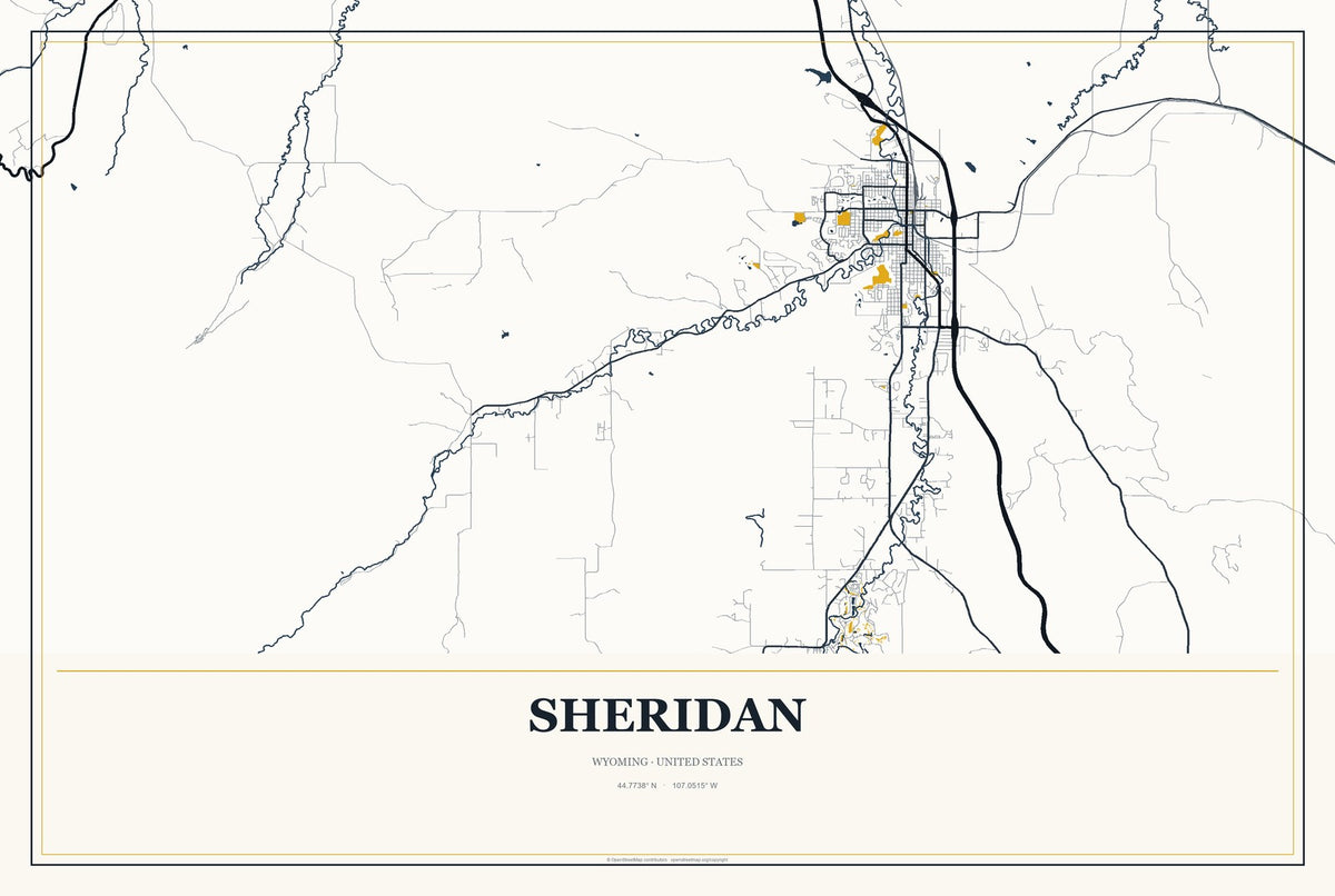 Sheridan, Wyoming City Map Aluminum Sign in Citrine Modern style