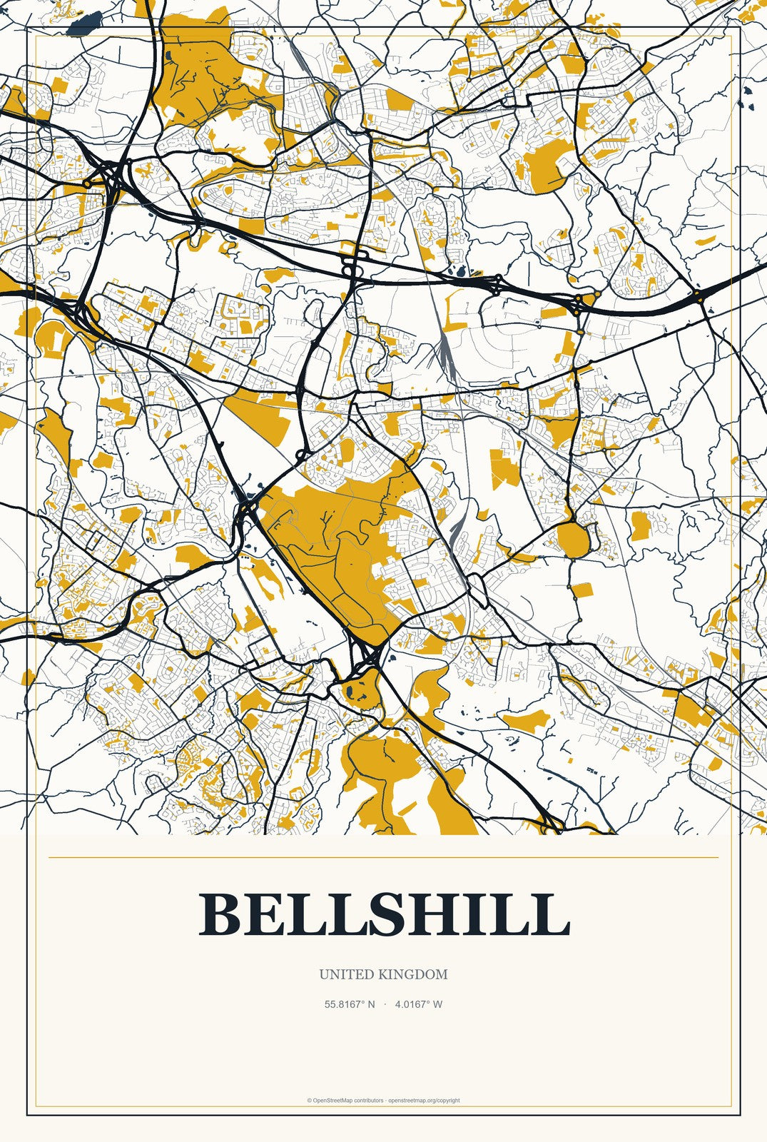 Bellshill, United Kingdom City Map Aluminum Sign in Citrine Modern style