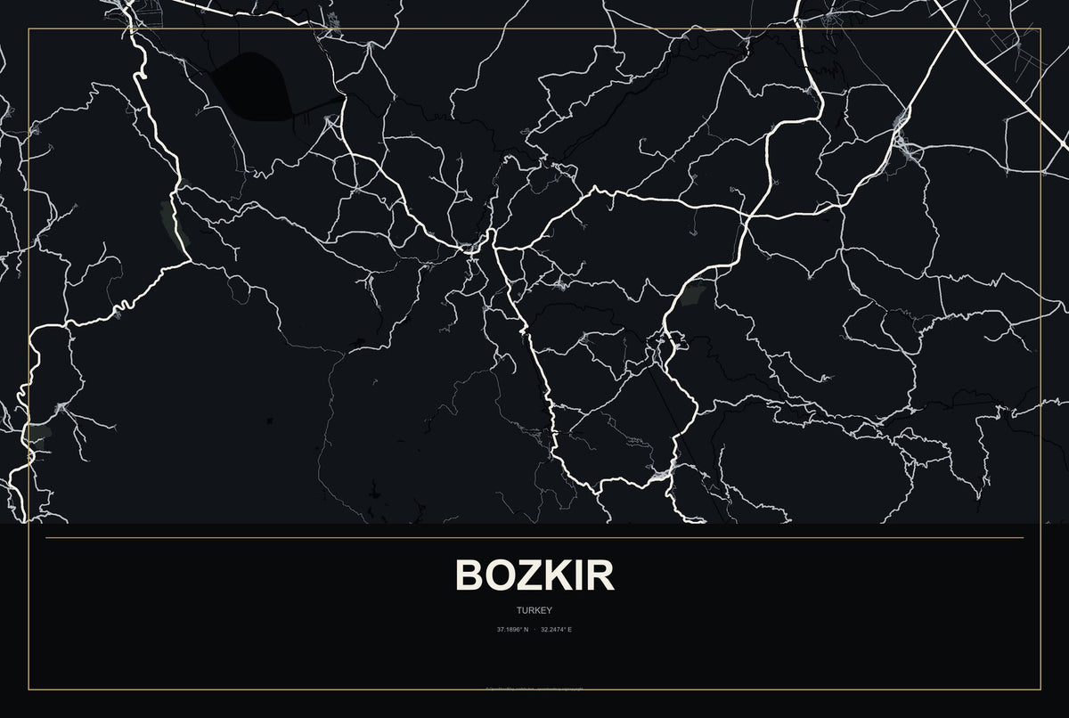 Bozkır, Turkey City Map Aluminum Sign in Metropolitan Noir style