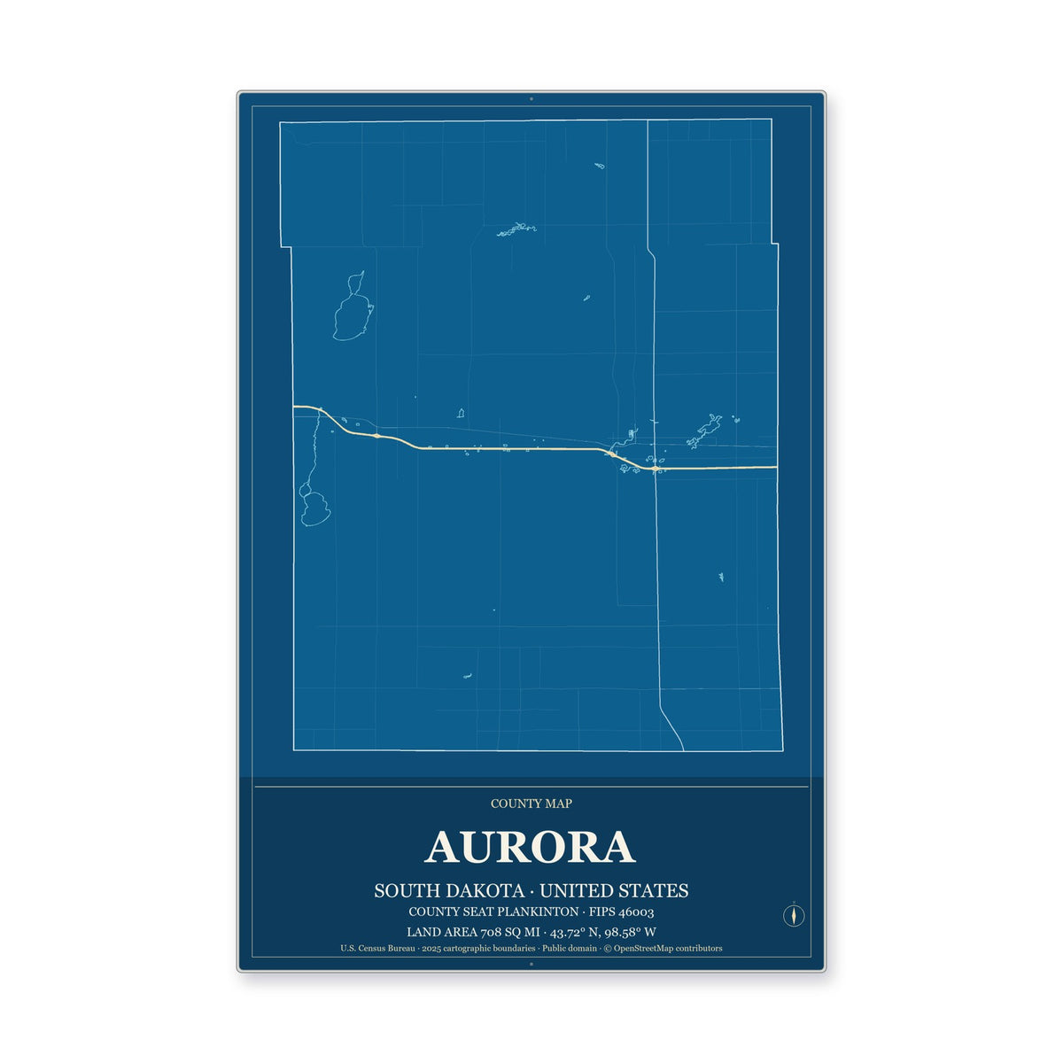 Aurora County, South Dakota Map Aluminum Sign in Harbor Cobalt style