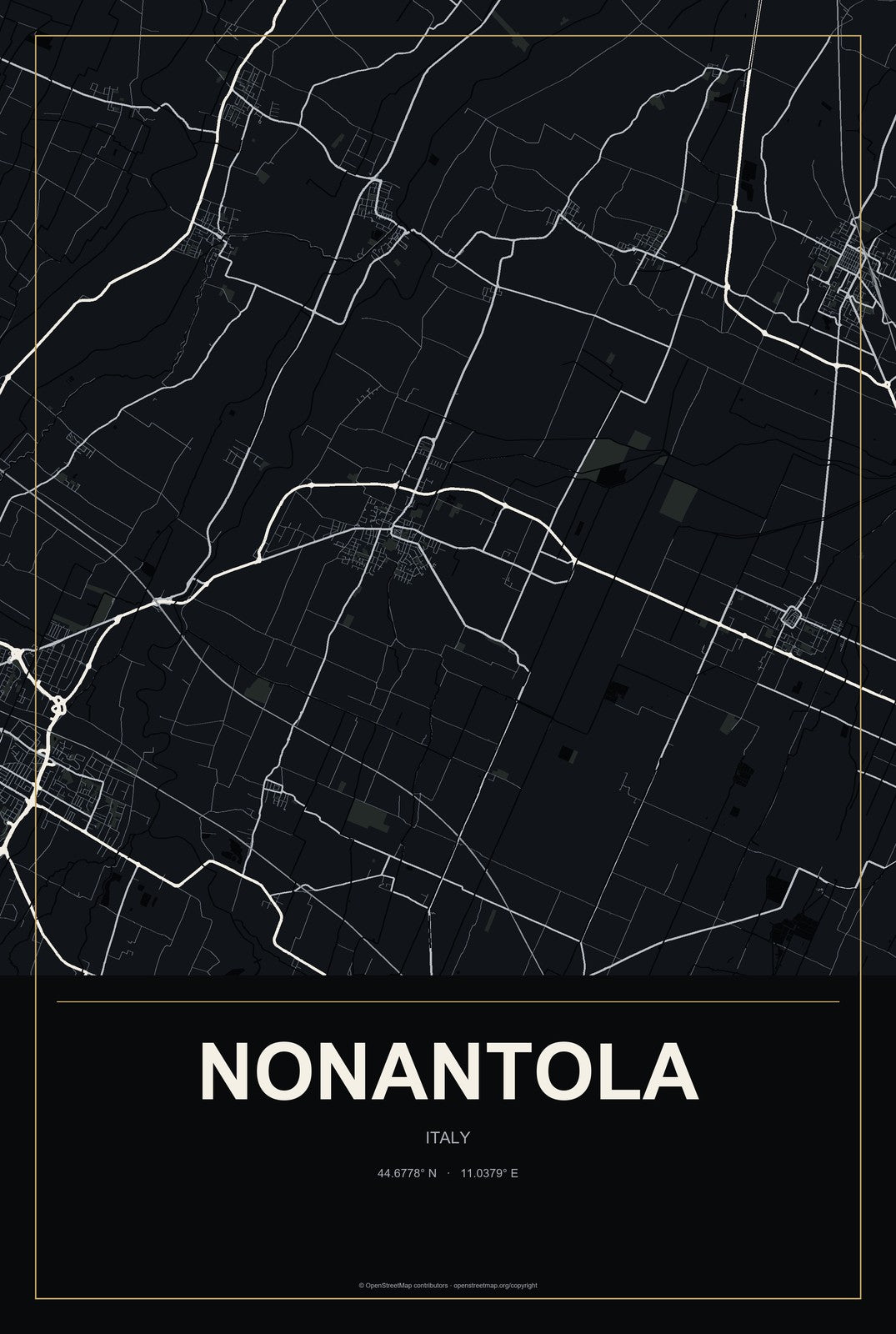 Nonantola, Italy City Map Aluminum Sign in Metropolitan Noir style