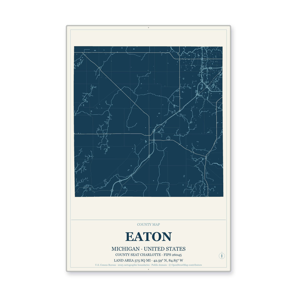 Eaton County, Michigan Map Aluminum Sign in Coastal Cutout style