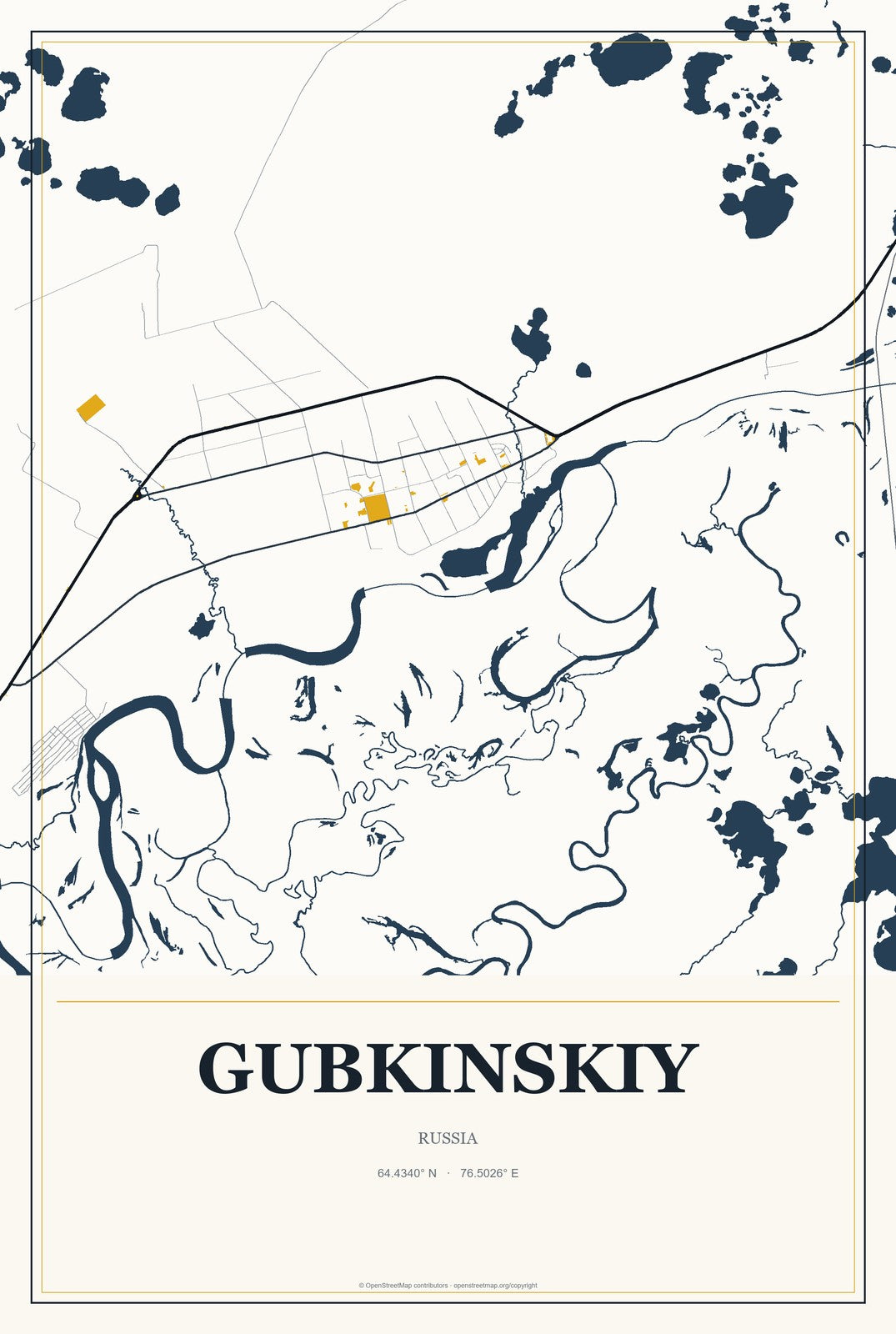 Gubkinskiy, Russia City Map Aluminum Sign in Citrine Modern style