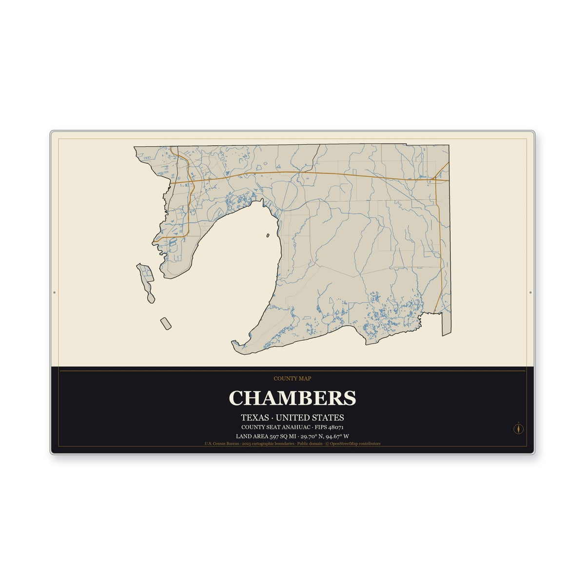 Chambers County, Texas Map Aluminum Sign in Museum Plaque style