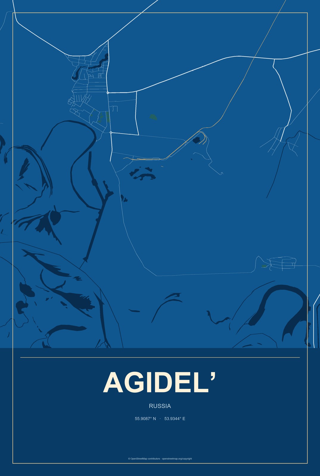 Agidel’, Russia City Map Aluminum Sign in Harbor Cobalt style