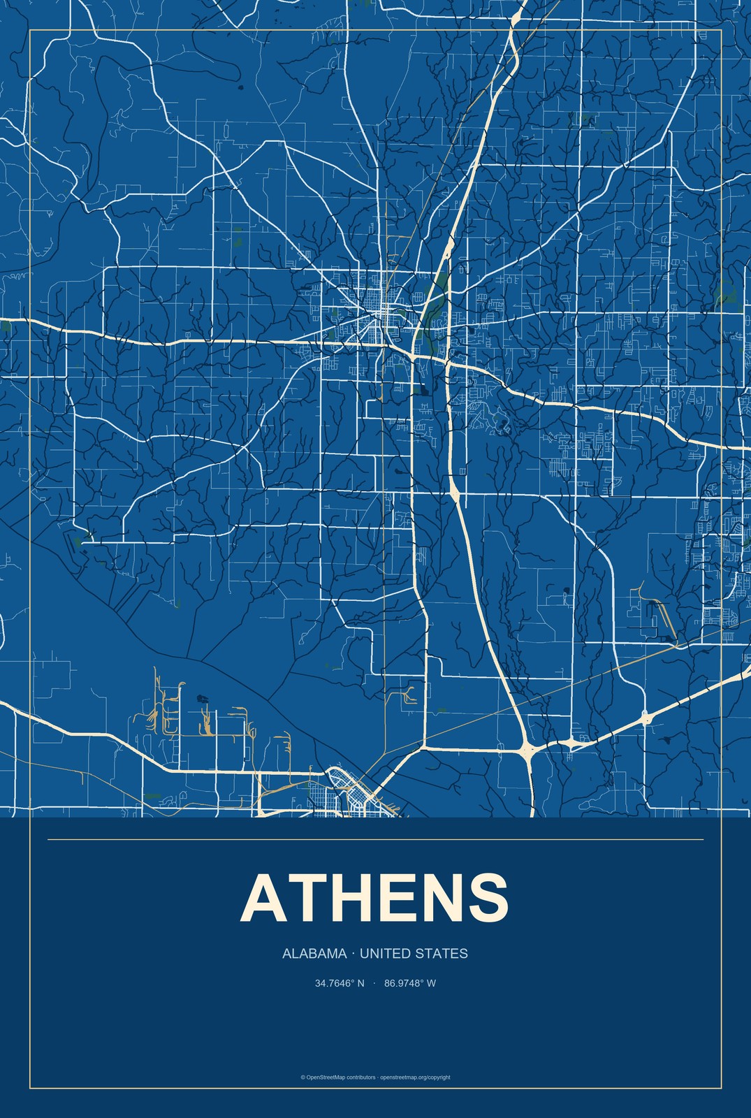 Athens, Alabama City Map Aluminum Sign in Harbor Cobalt style