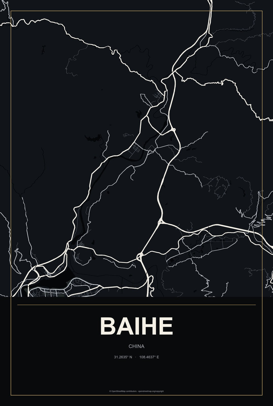Baihe, Chongqing, China City Map Aluminum Sign in Metropolitan Noir style