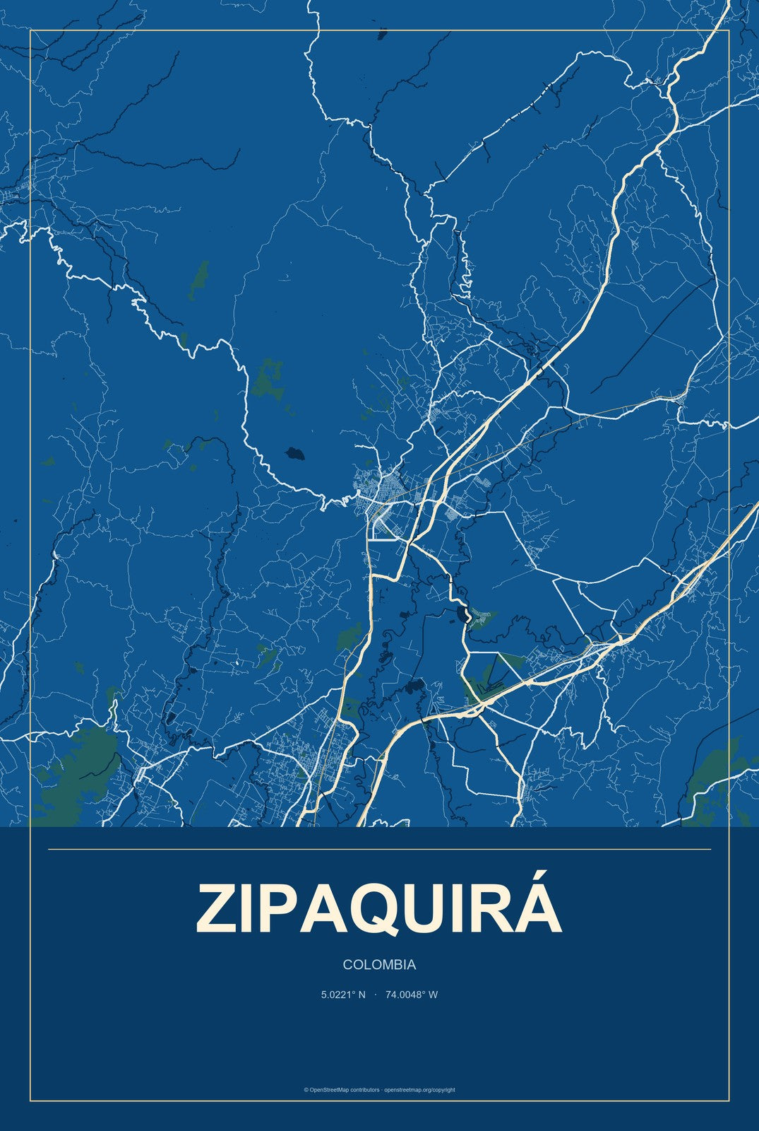 Zipaquirá, Colombia City Map Aluminum Sign in Harbor Cobalt style