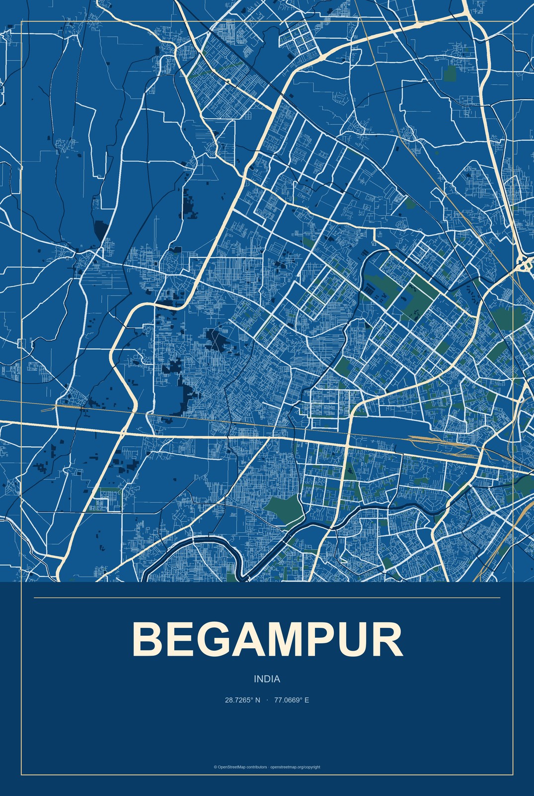 Begampur, India City Map Aluminum Sign in Harbor Cobalt style