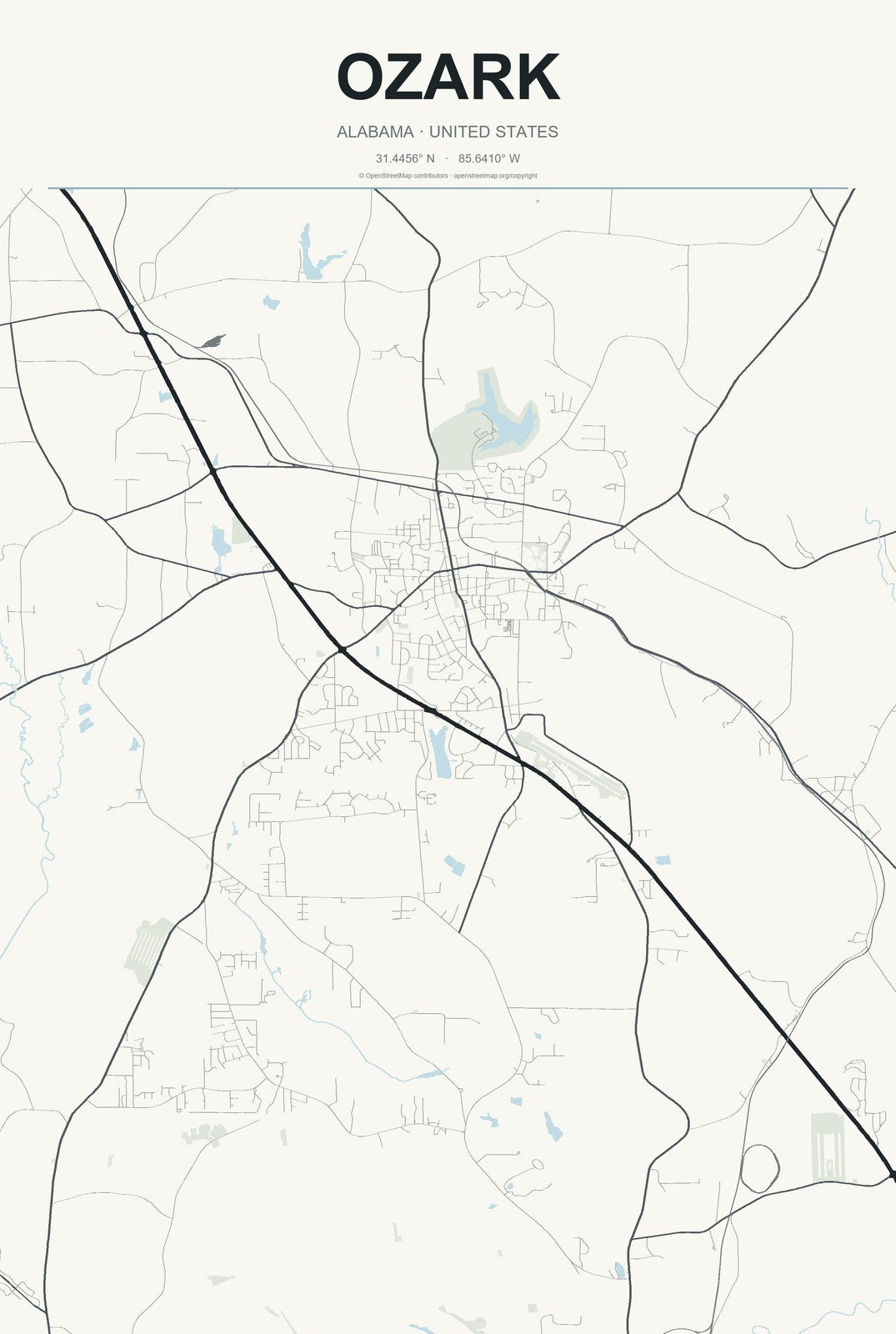 Ozark, Alabama City Map Aluminum Sign in Headline Atlas style