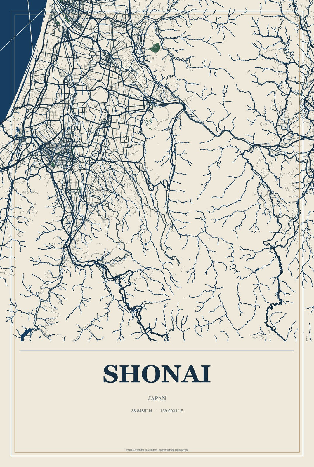 Shonai, Japan City Map Aluminum Sign in Coastal Cutout style