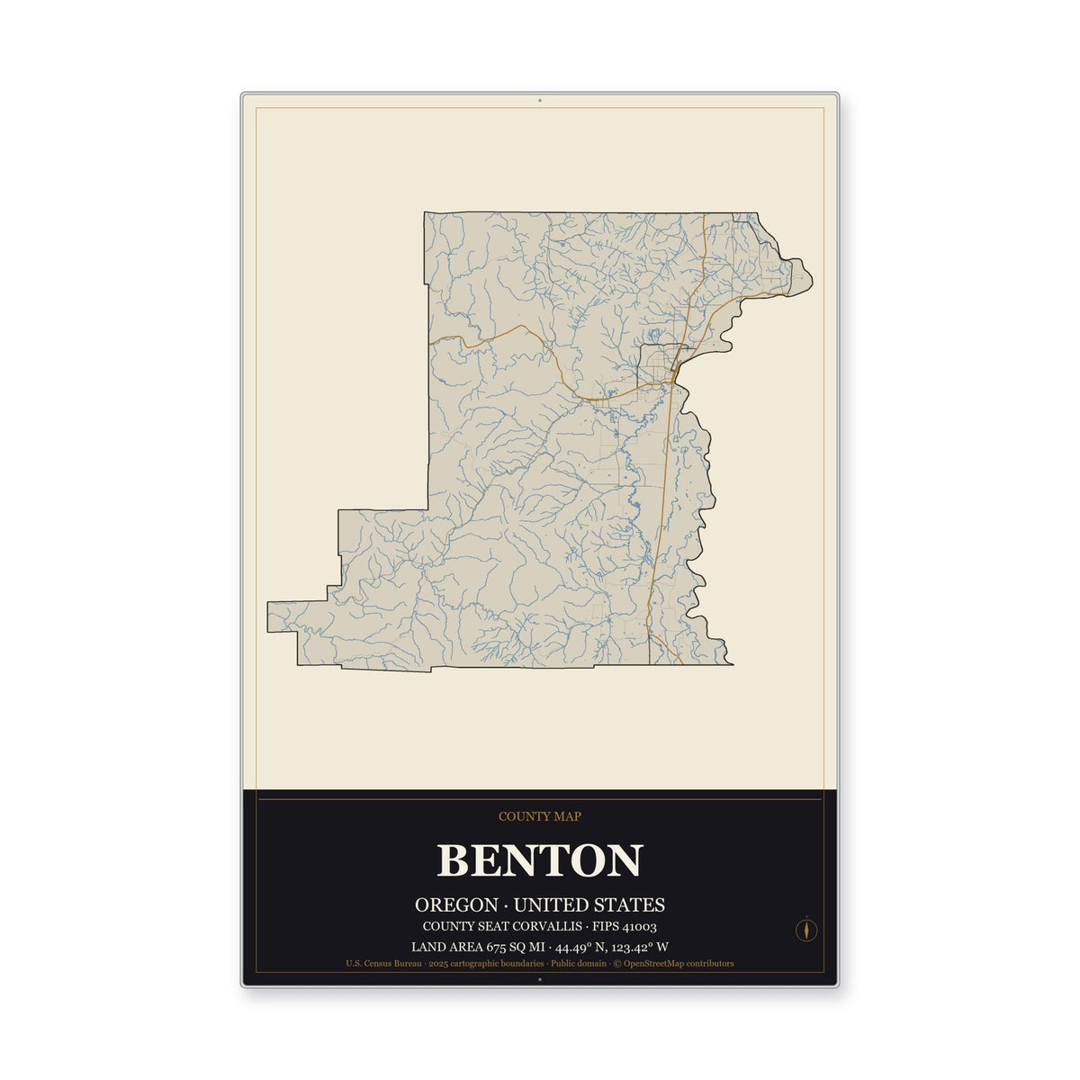 Benton County, Oregon Map Aluminum Sign in Museum Plaque style