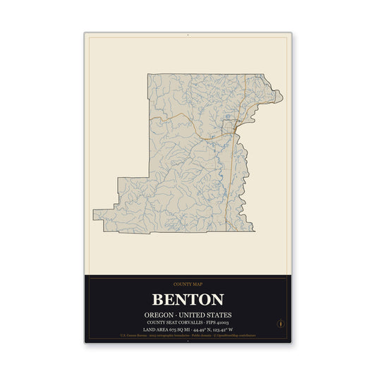 Benton County, Oregon Map Aluminum Sign in Museum Plaque style