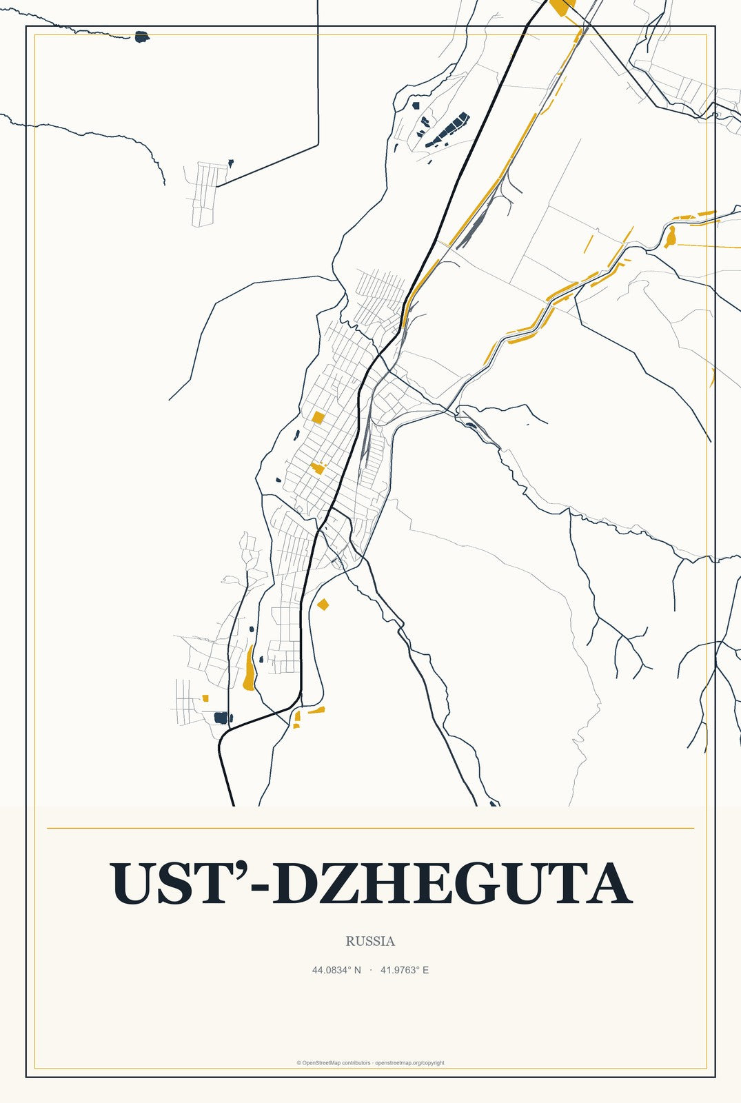 Ust’-Dzheguta, Russia City Map Aluminum Sign in Citrine Modern style