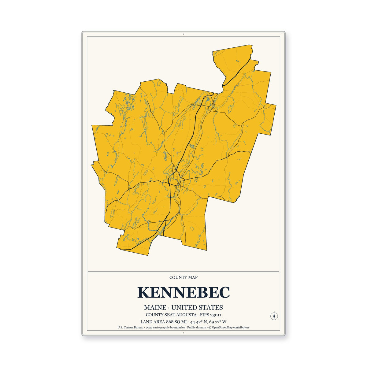 Kennebec County, Maine Map Aluminum Sign in Citrine Modern style