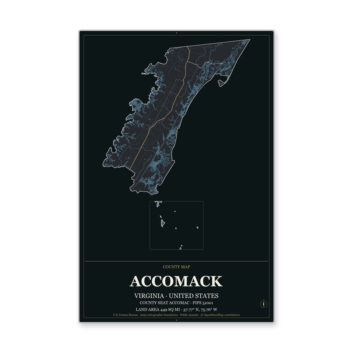 Accomack County, Virginia Map Aluminum Sign in Metropolitan Noir style