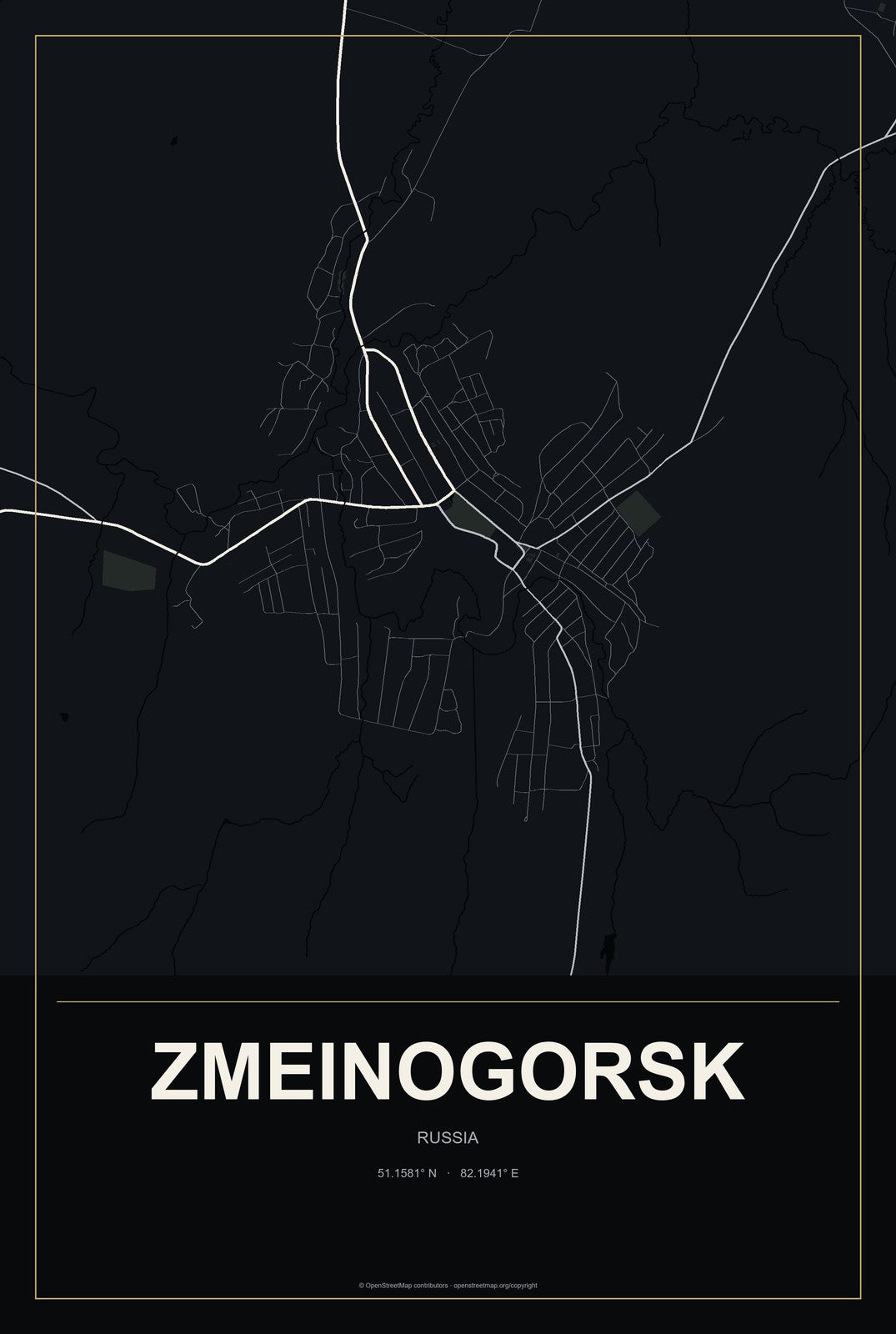 Zmeinogorsk, Russia City Map Aluminum Sign in Metropolitan Noir style