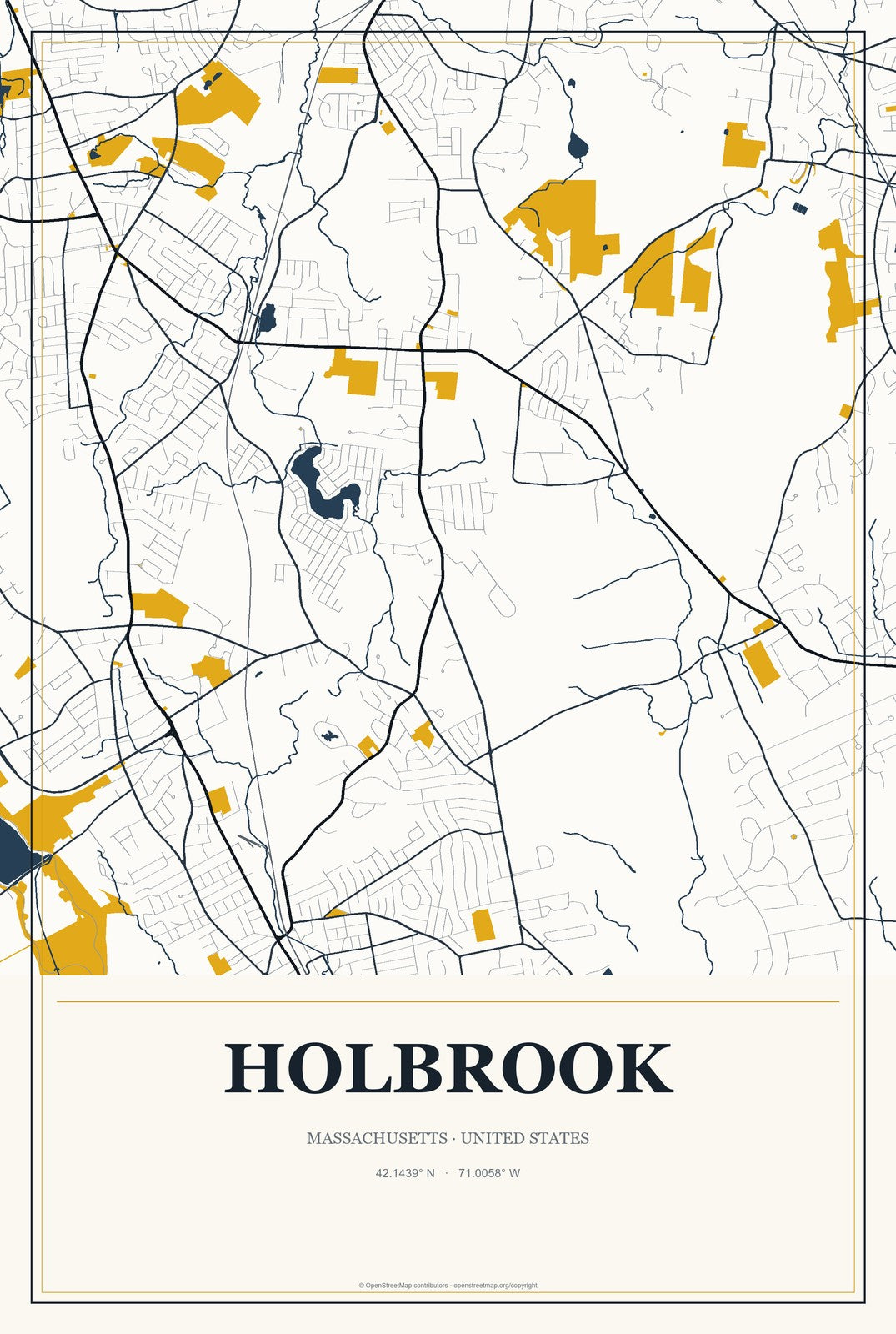 Holbrook, Massachusetts City Map Aluminum Sign in Citrine Modern style