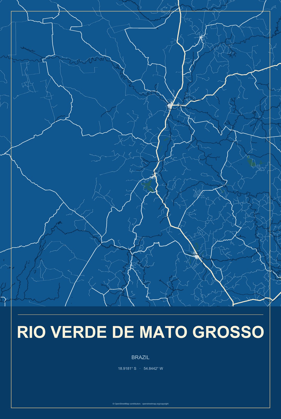 Rio Verde de Mato Grosso, Brazil City Map Aluminum Sign in Harbor Cobalt style