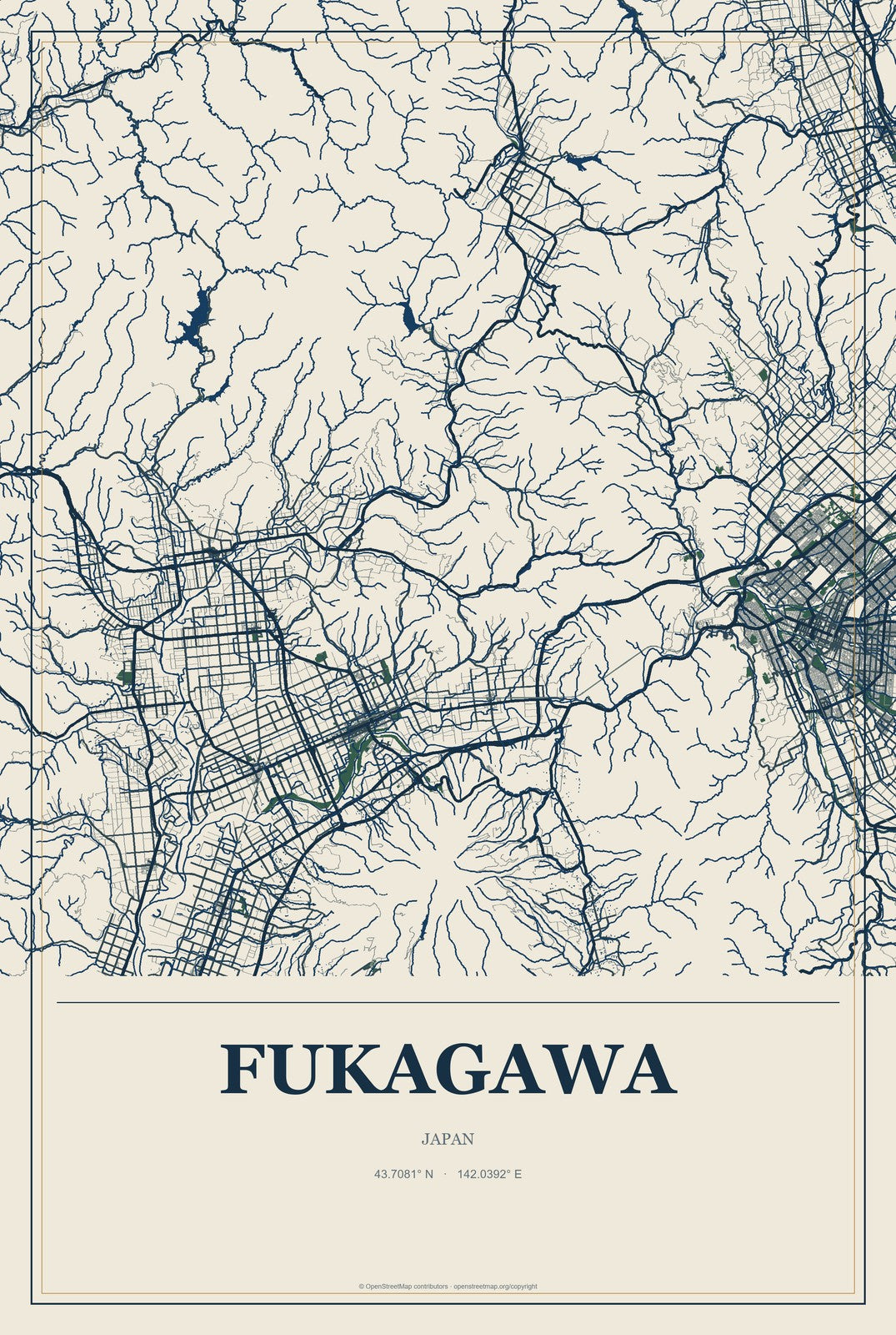 Fukagawa, Japan City Map Aluminum Sign in Coastal Cutout style
