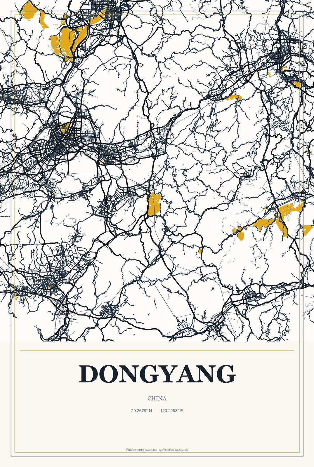 Dongyang, Chongqing, China City Map Aluminum Sign in Citrine Modern style