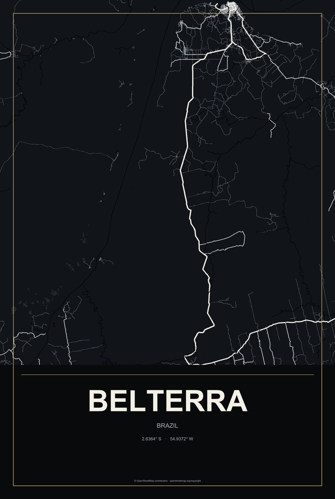 Belterra, Brazil City Map Aluminum Sign in Metropolitan Noir style