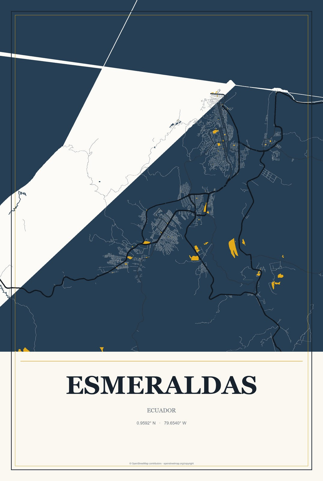 Esmeraldas, Ecuador City Map Aluminum Sign in Citrine Modern style