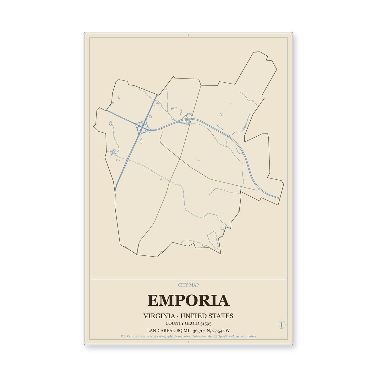 Emporia city, Virginia Map Aluminum Sign in Heritage Nautical style