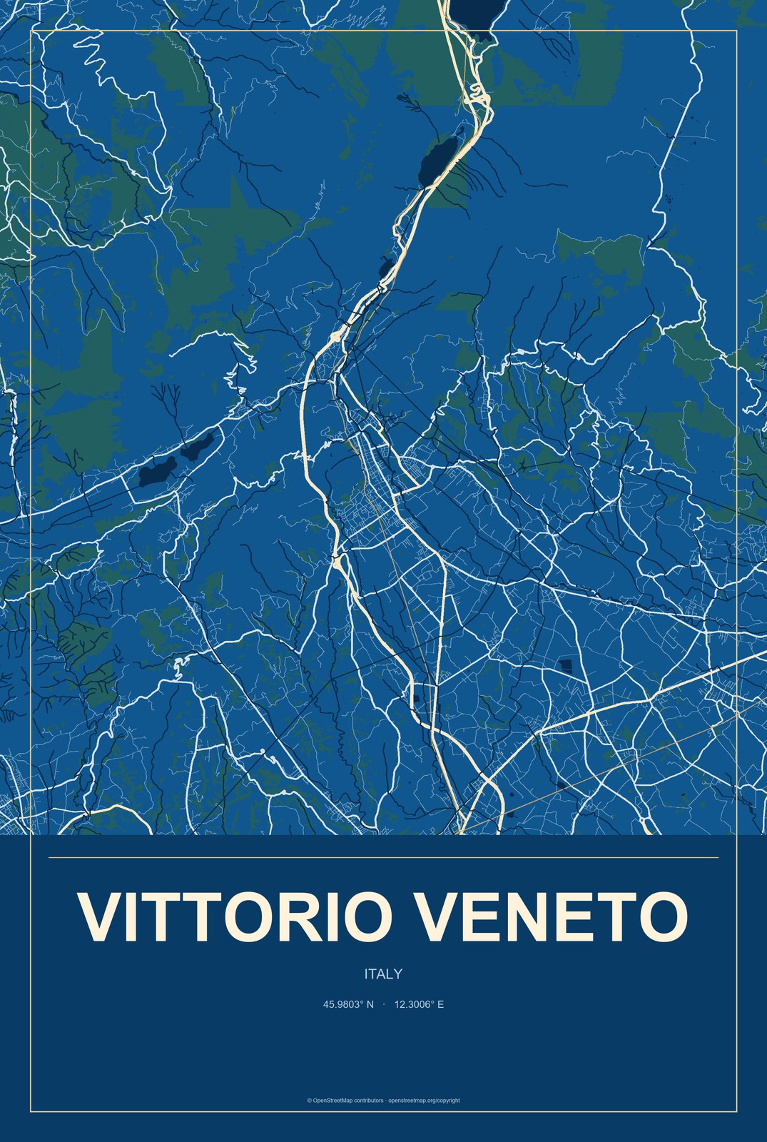 Vittorio Veneto, Italy City Map Aluminum Sign in Harbor Cobalt style