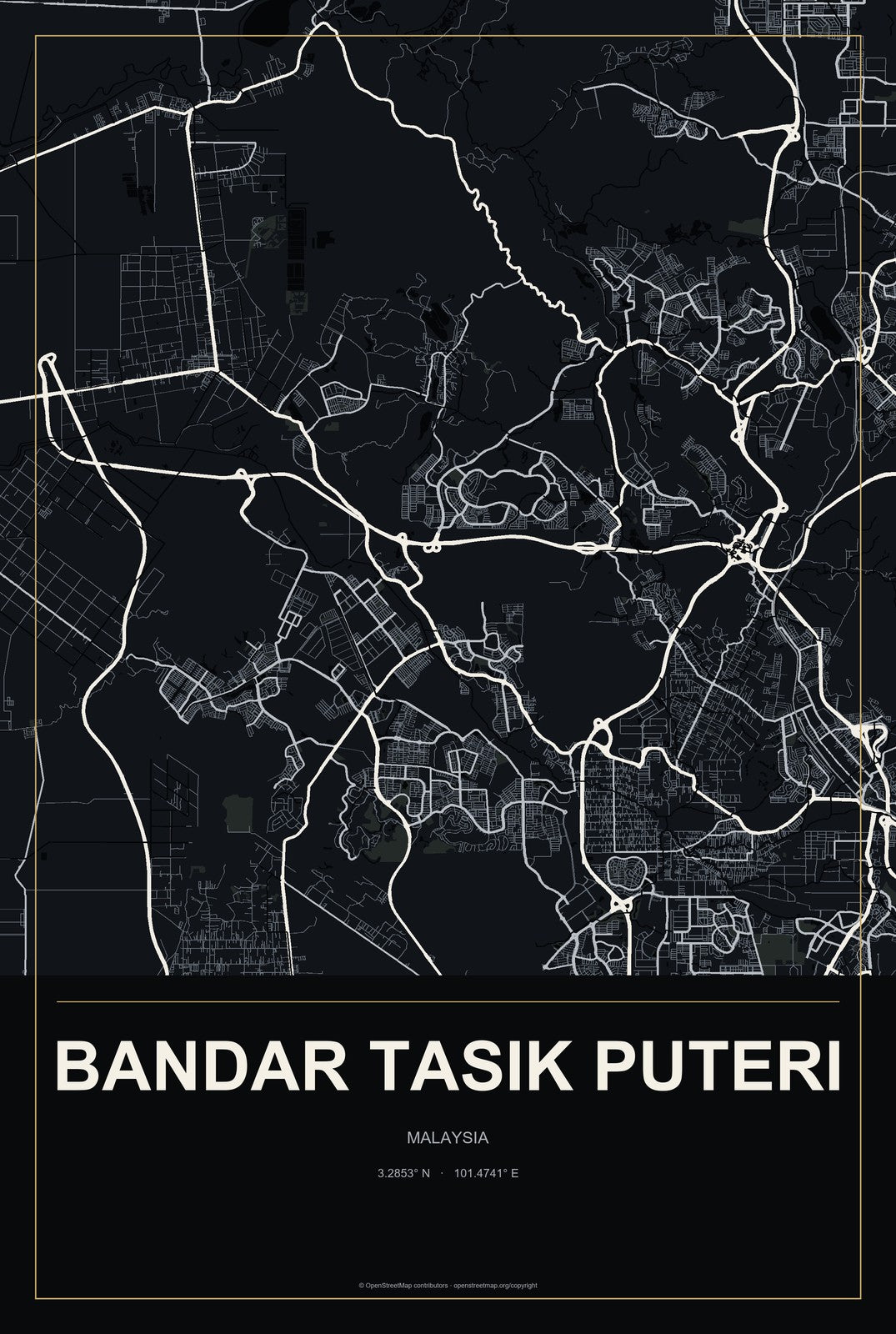 Bandar Tasik Puteri, Malaysia City Map Aluminum Sign in Metropolitan Noir style