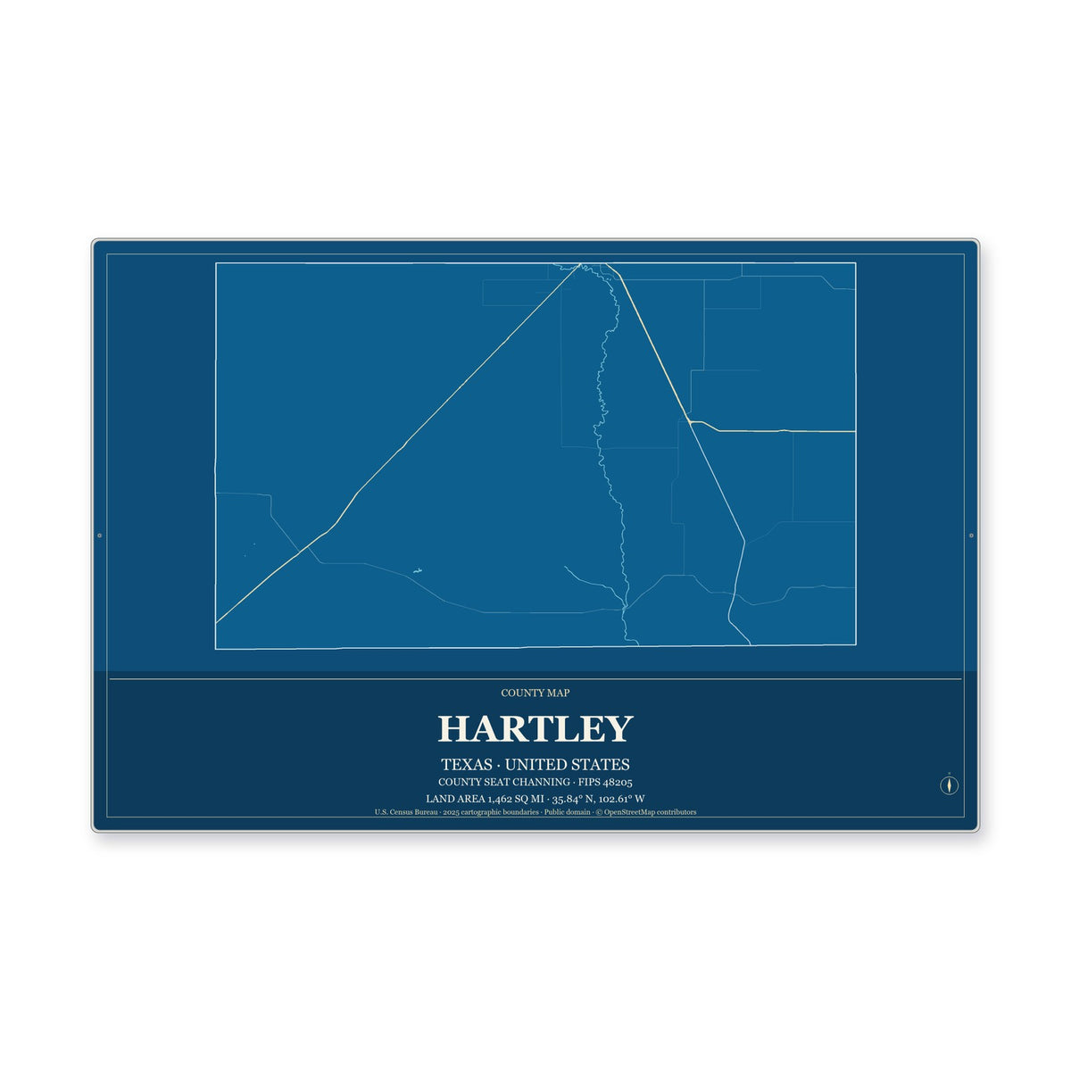 Hartley County, Texas Map Aluminum Sign in Harbor Cobalt style