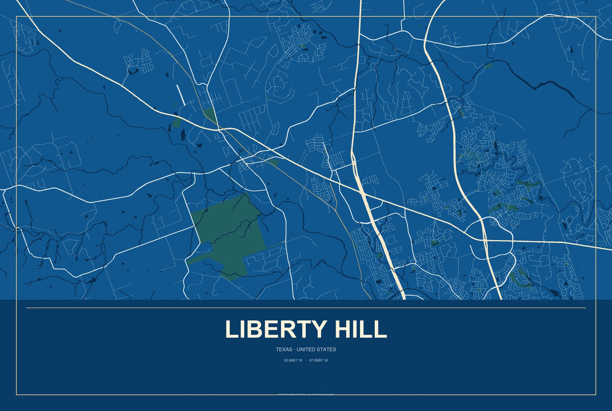 Liberty Hill, Texas City Map Aluminum Sign in Harbor Cobalt style