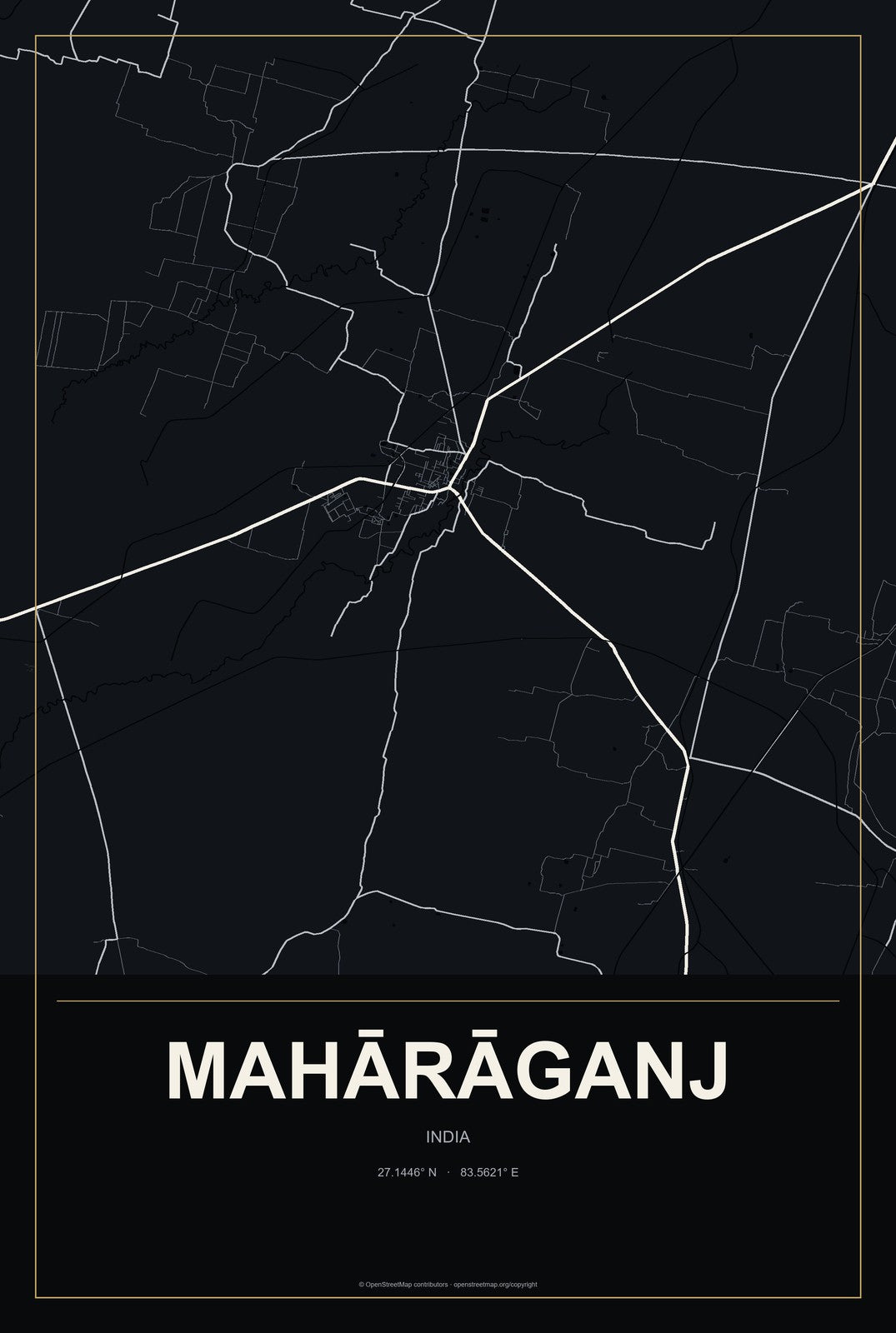 Mahārāganj, India City Map Aluminum Sign in Metropolitan Noir style
