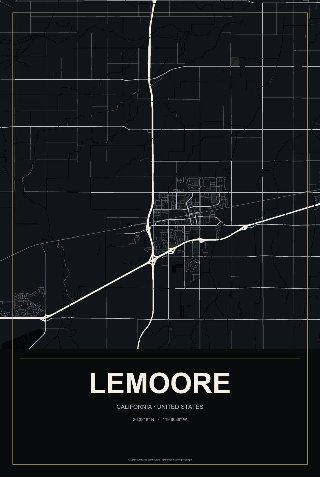 Lemoore, California City Map Aluminum Sign in Metropolitan Noir style
