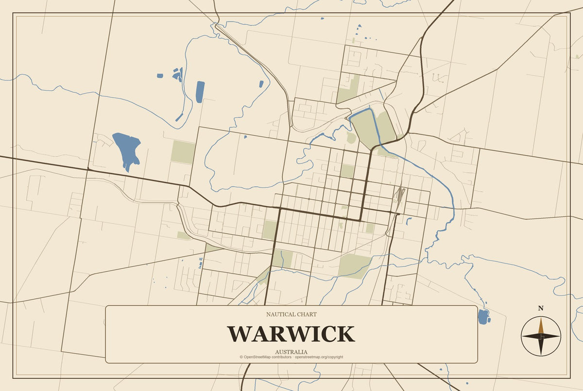 Warwick, Australia City Map Aluminum Sign in Heritage Nautical style