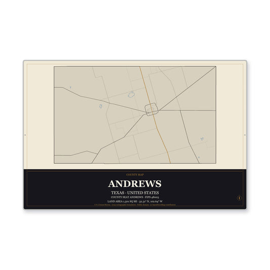 Andrews County, Texas Map Aluminum Sign in Museum Plaque style