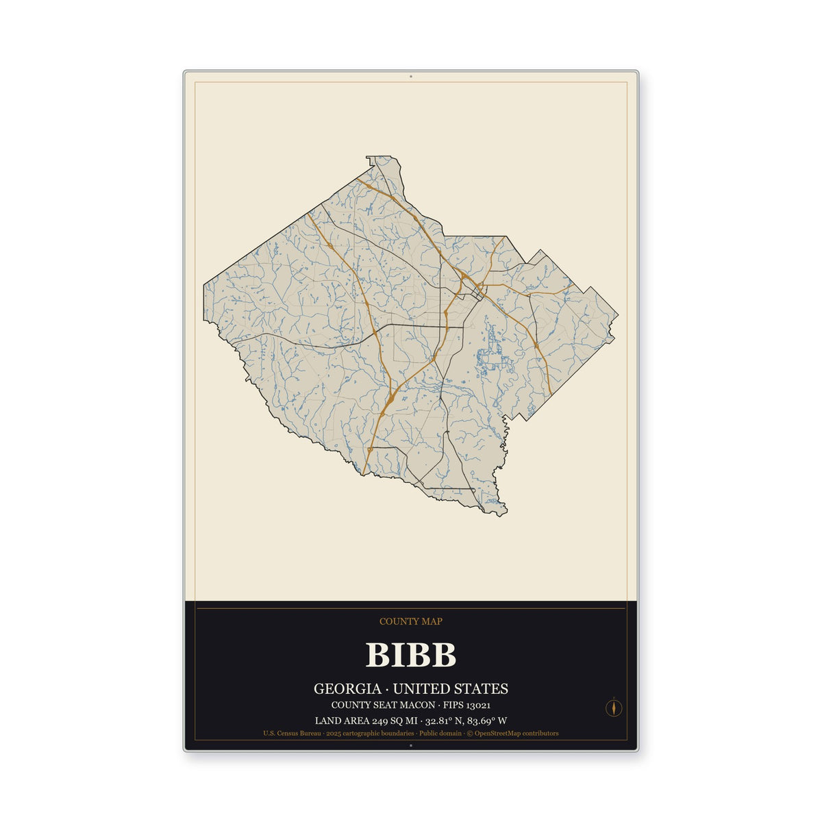 Bibb County, Georgia Map Aluminum Sign in Museum Plaque style
