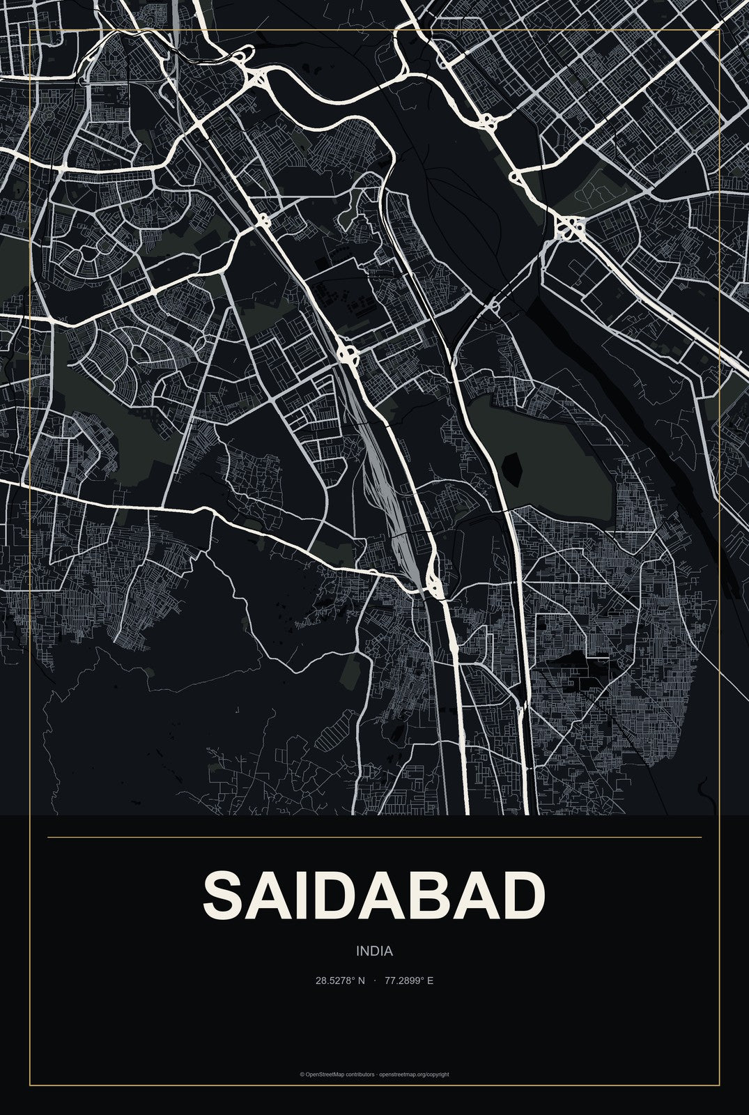 Saidabad, India City Map Aluminum Sign in Metropolitan Noir style
