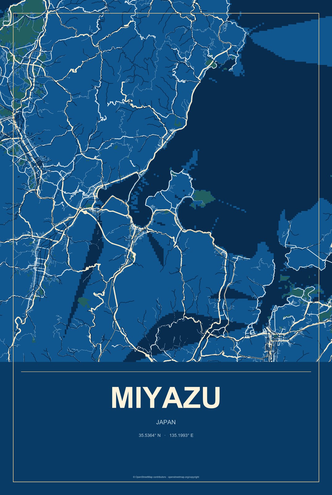 Miyazu, Japan City Map Aluminum Sign in Harbor Cobalt style