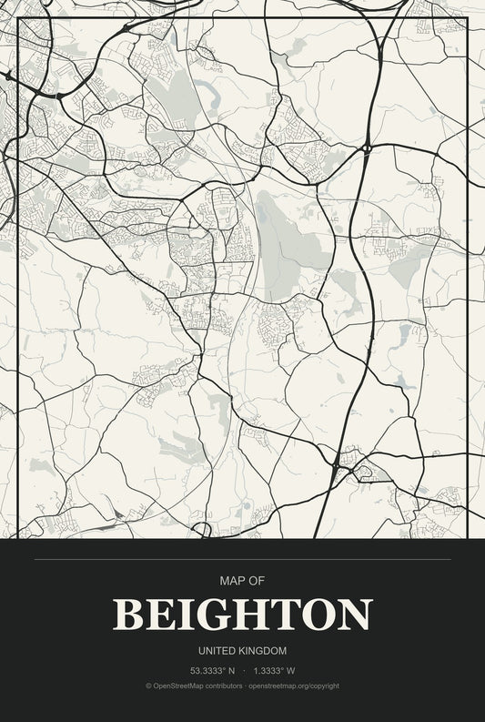 Beighton, United Kingdom City Map Aluminum Sign in Museum Plaque style