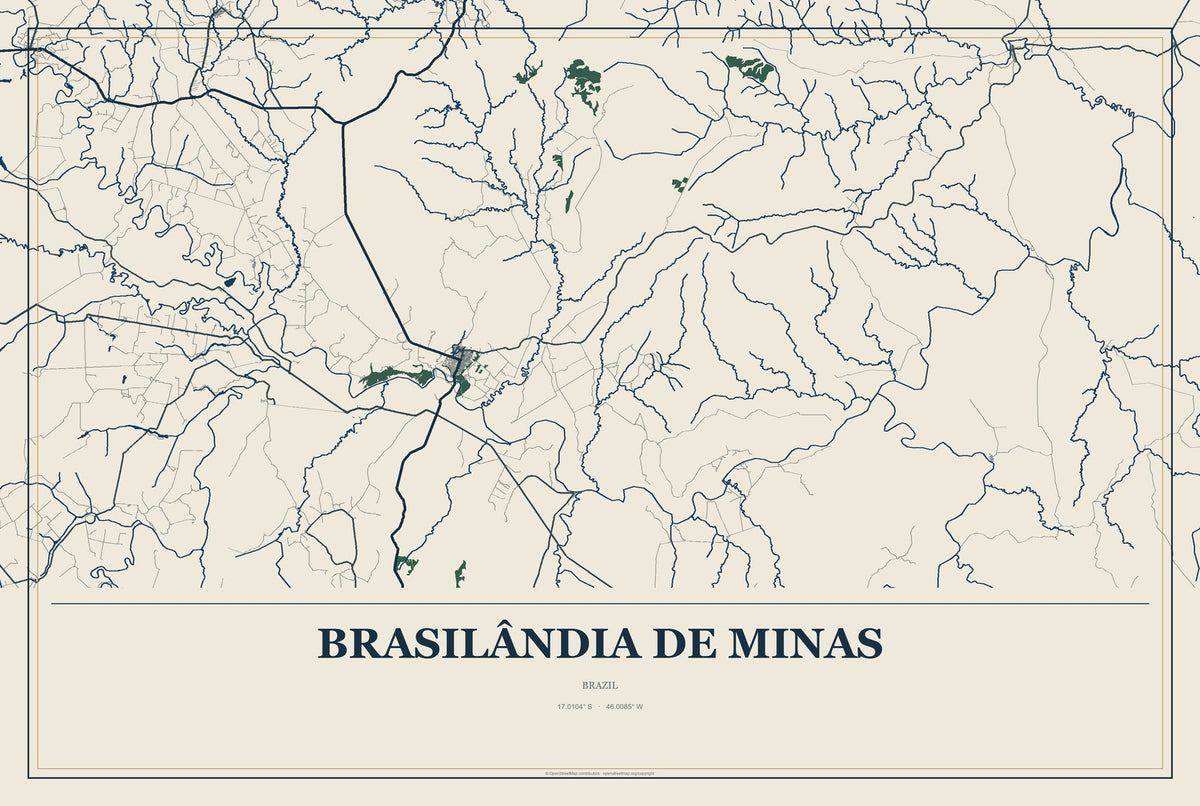 Brasilândia de Minas, Brazil City Map Aluminum Sign in Coastal Cutout style