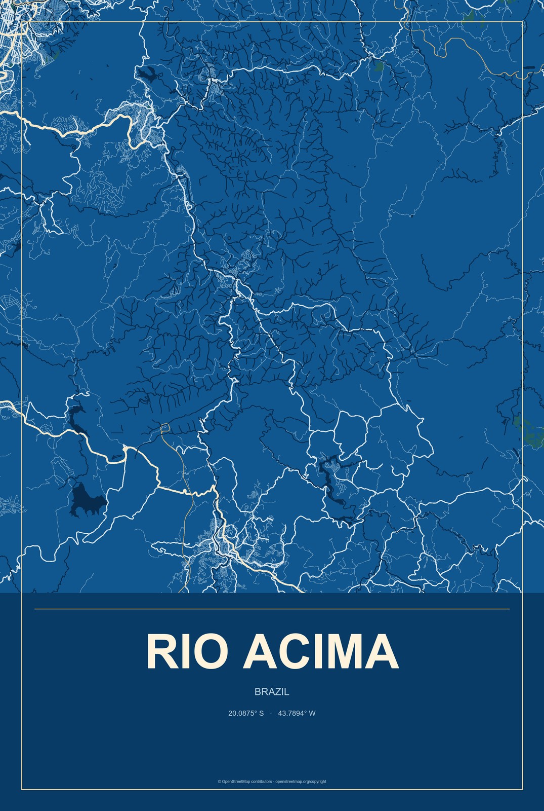 Rio Acima, Brazil City Map Aluminum Sign in Harbor Cobalt style